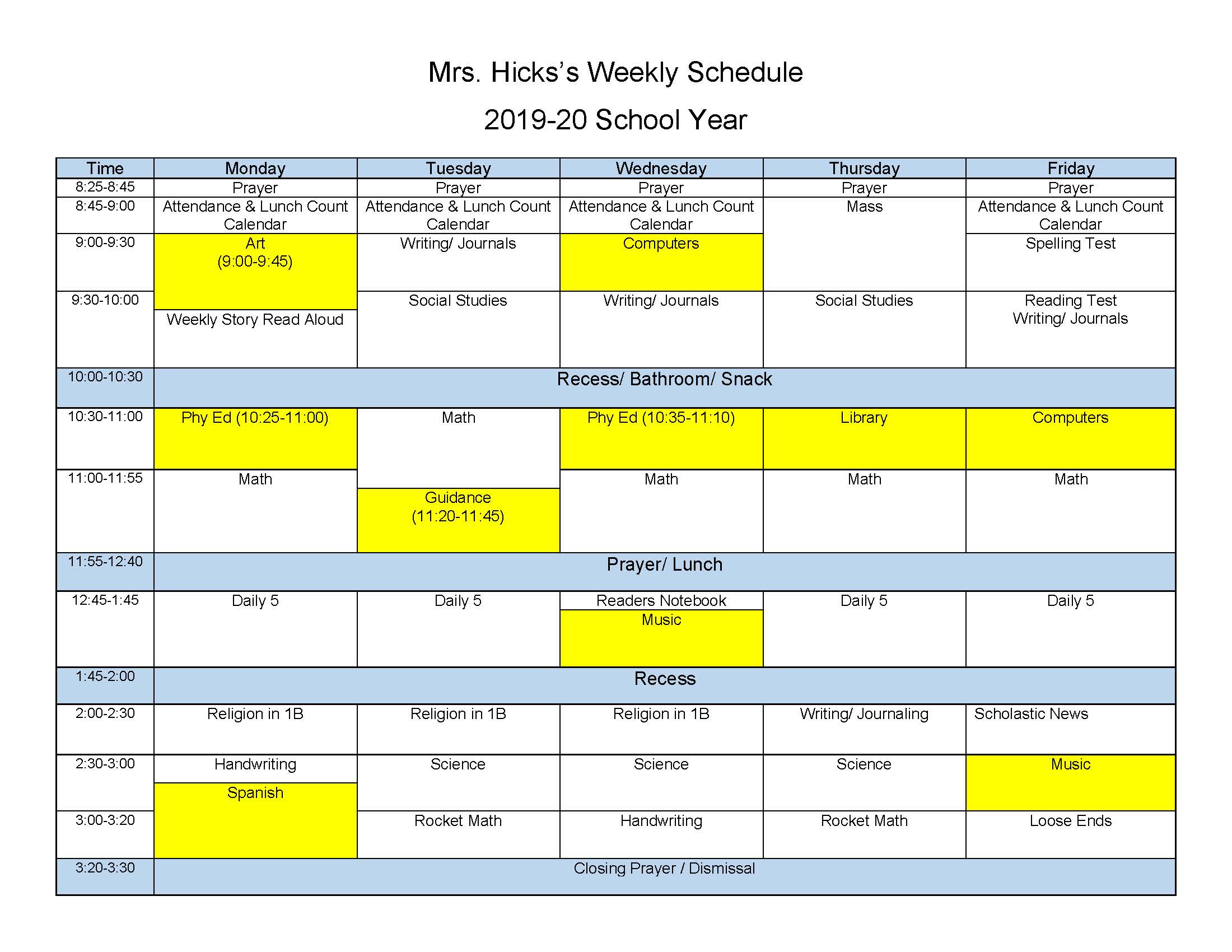 Laura Hicks - Class Schedules | Regis Catholic Schools