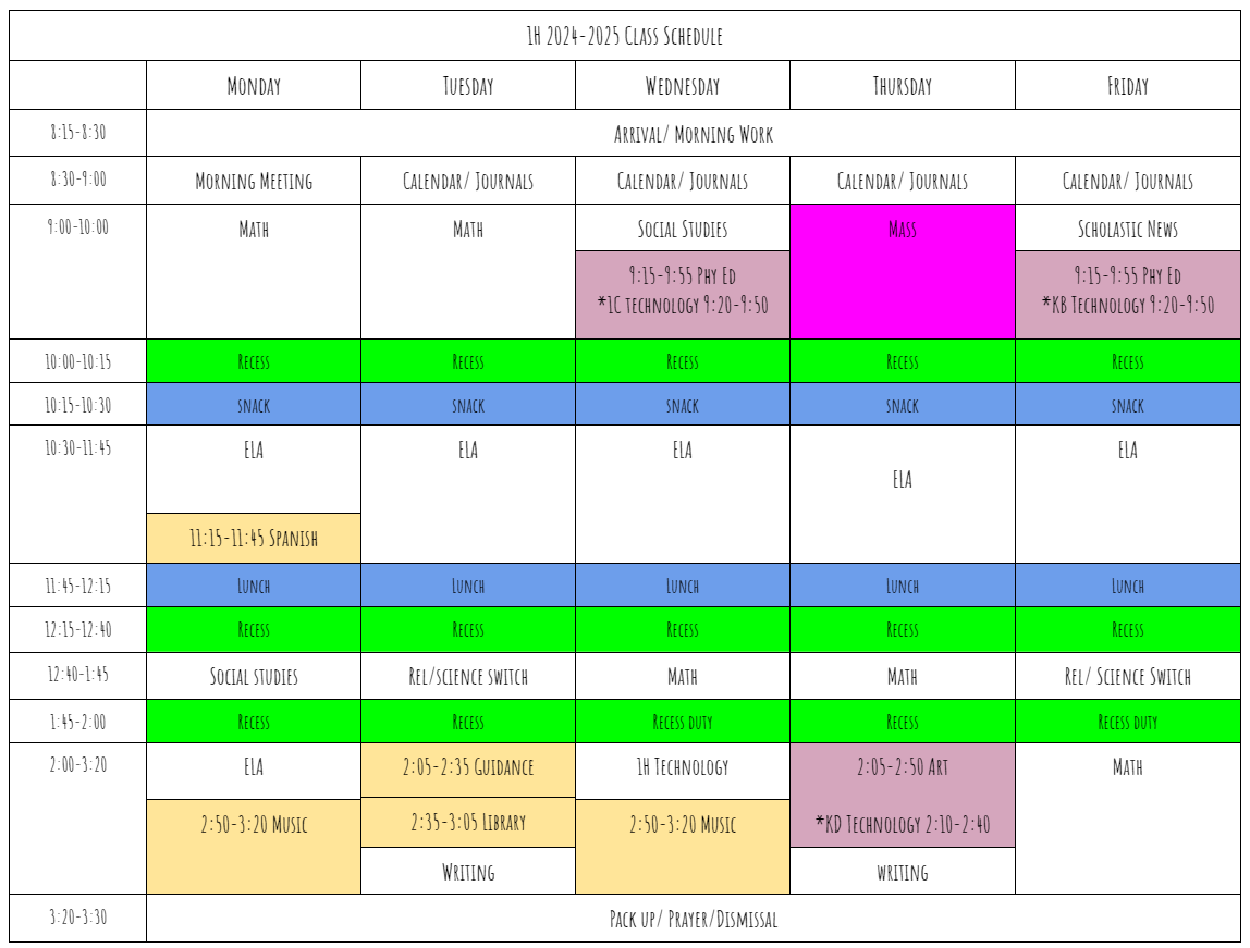 Tentative Schedule for 2024-25 school year