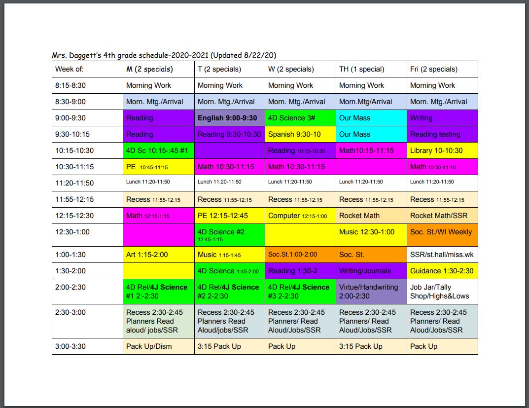 Susan Daggett - Class Schedules | Regis Catholic Schools